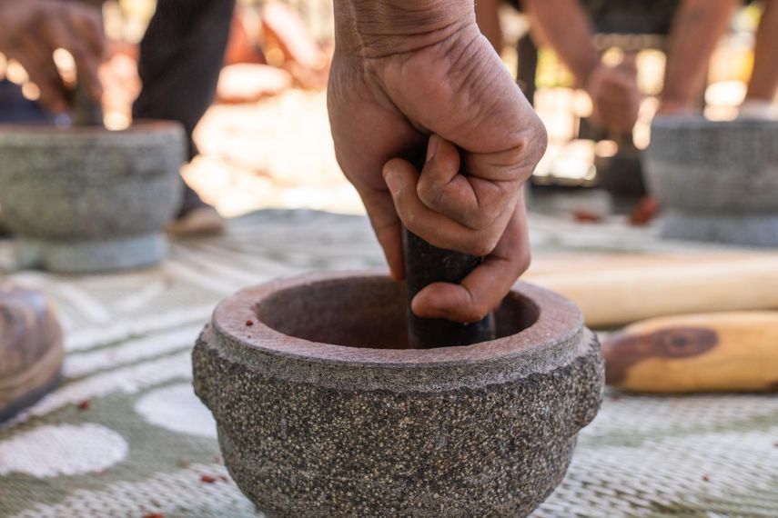 A person is grinding something in a mortar and pestle.