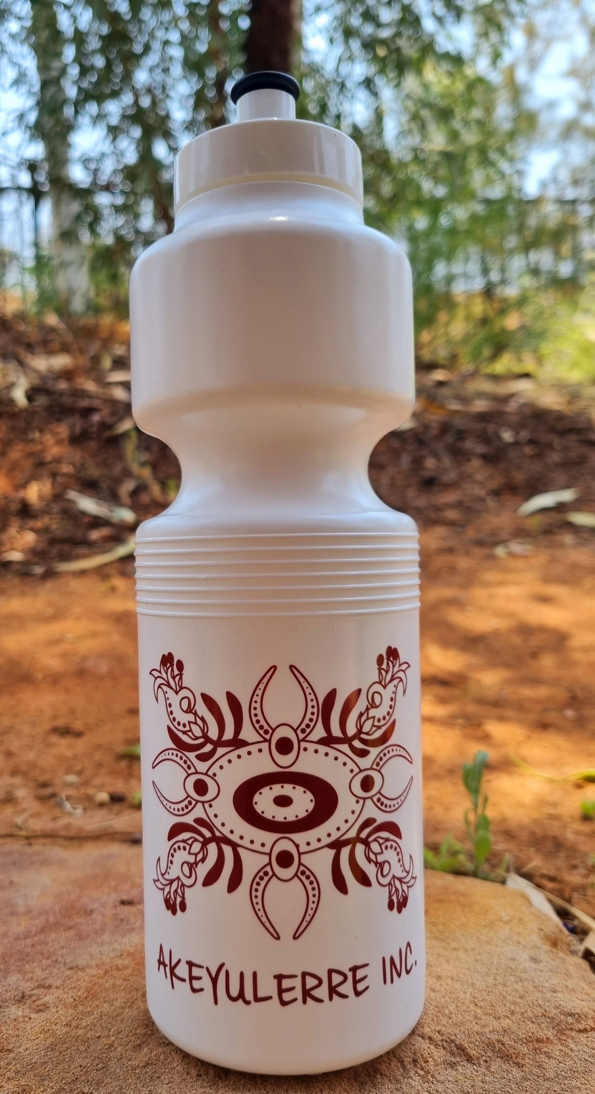 A white water bottle with a red design on it is sitting on a rock.