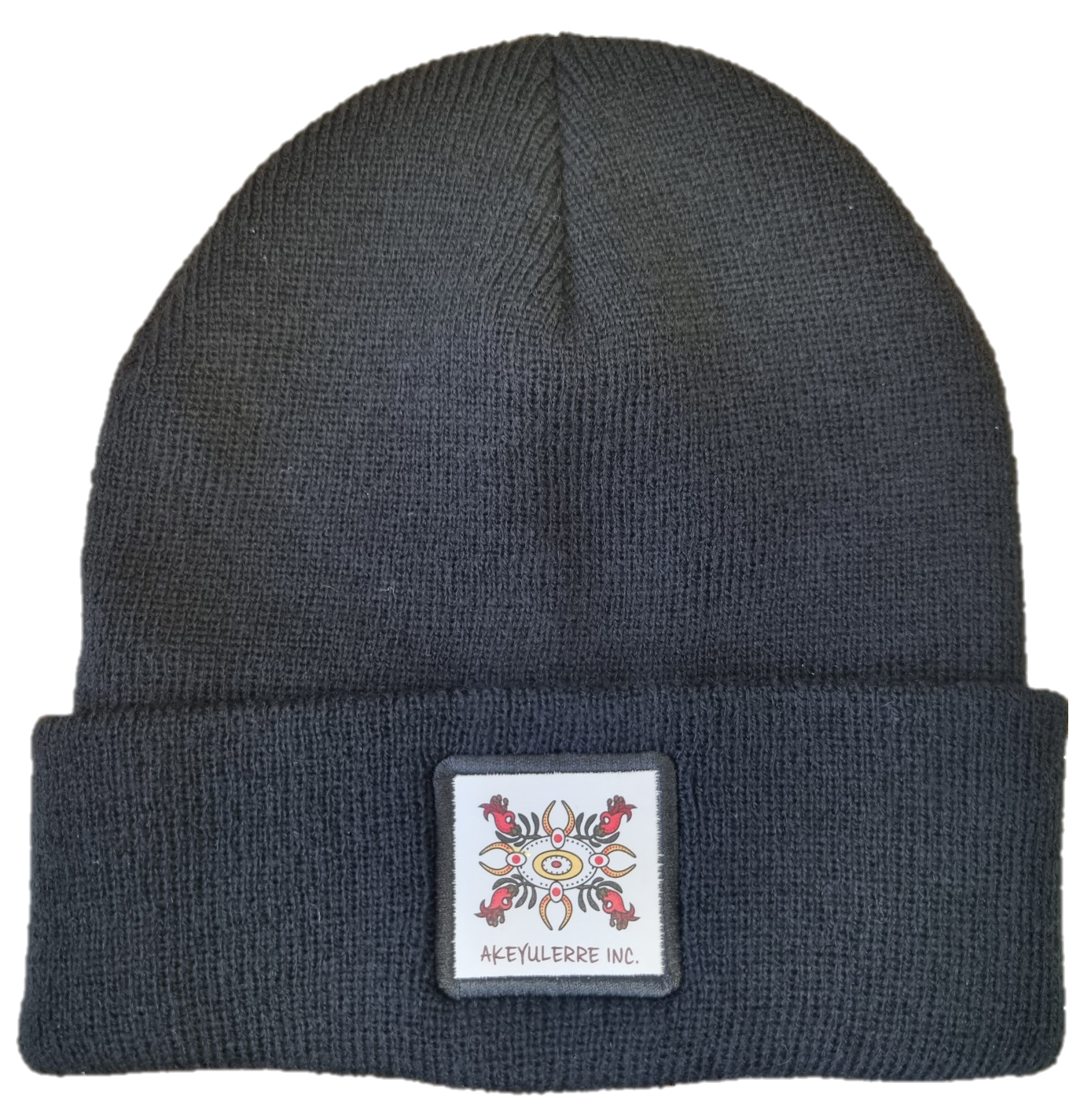 A black beanie with a white patch on it