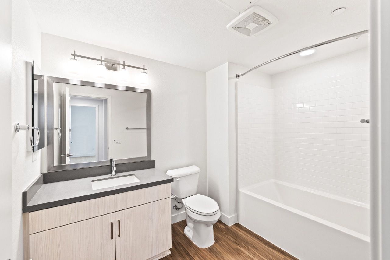 Bathroom featuring a vanity with sink, a large mirror, a toilet, and a tub/shower.