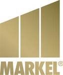 A gold logo for a company called markel on a white background.