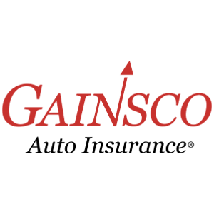A logo for gainsco auto insurance with a red arrow pointing up