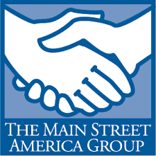 A blue and white logo for the main street america group