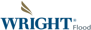 The logo for wright flood has a sailboat on it.