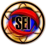 Logo for SEI, a black acronym over a curved red and blue design within a stained-glass-style frame.