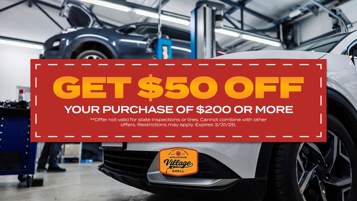 Red banner on car front reads “GET $50 OFF your purchase of $200 or more”