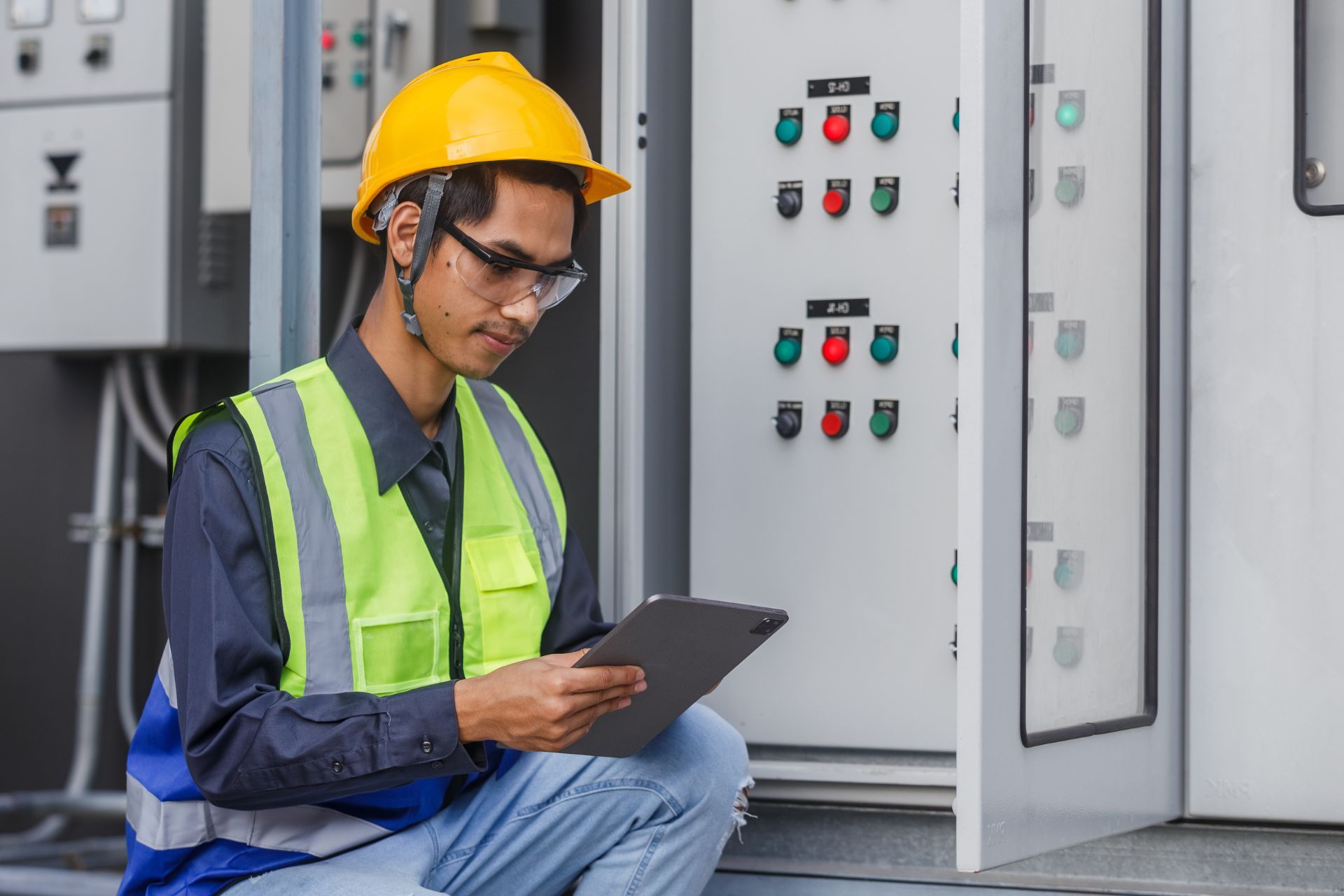 HVAC technician wearing mask and hard hat, working on AC units on a rooftop. HVAC technician wearing mask and hard hat, working on AC units on a rooftop.