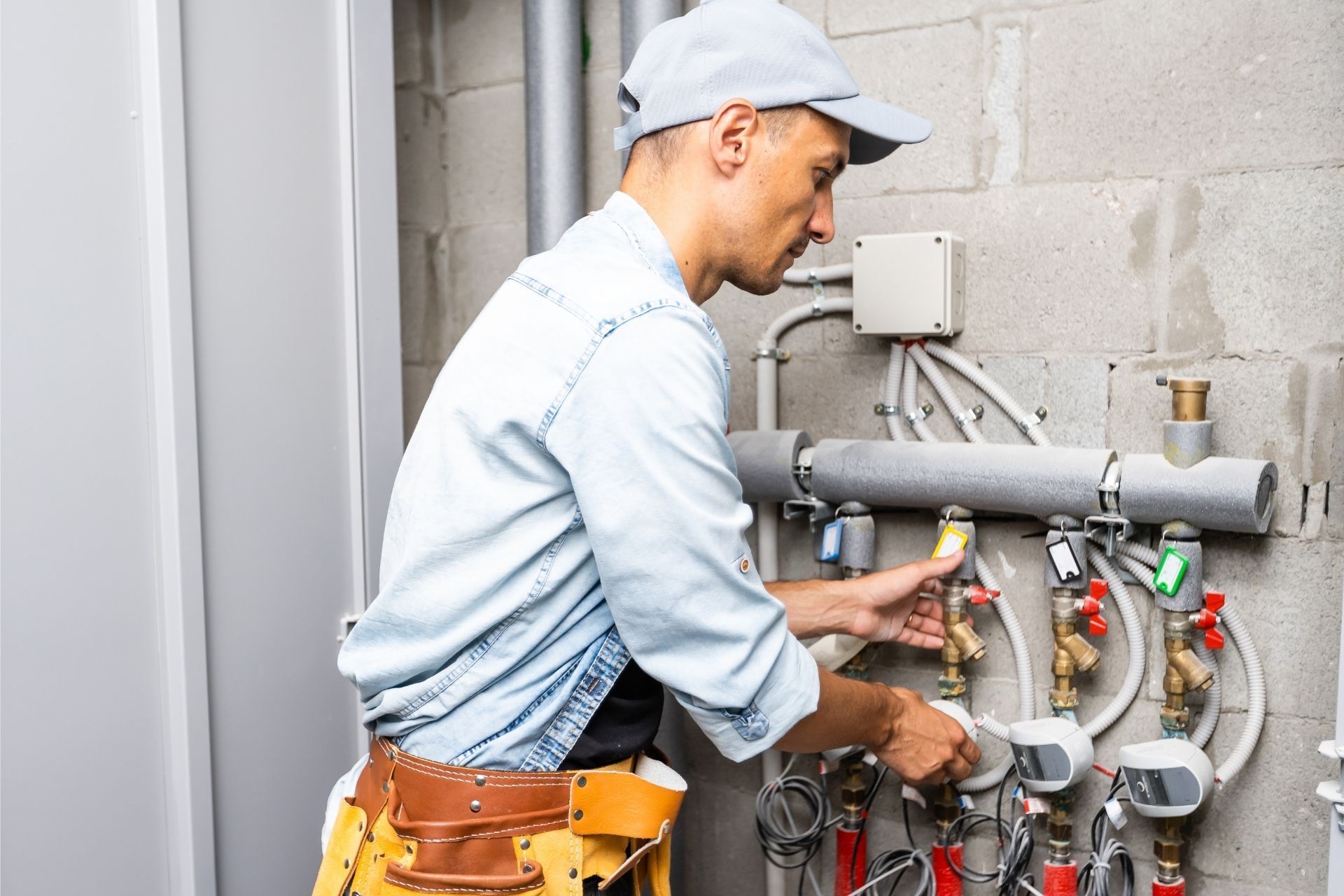 HVAC technician wearing mask and hard hat, working on AC units on a rooftop.