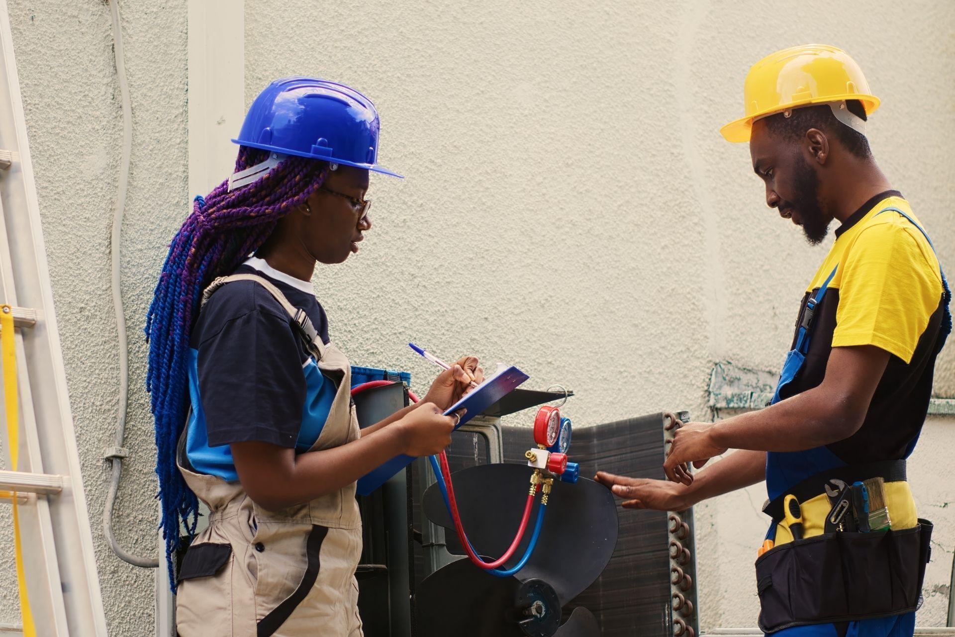 HVAC technician wearing mask and hard hat, working on AC units on a rooftop. HVAC technician wearing mask and hard hat, working on AC units on a rooftop.