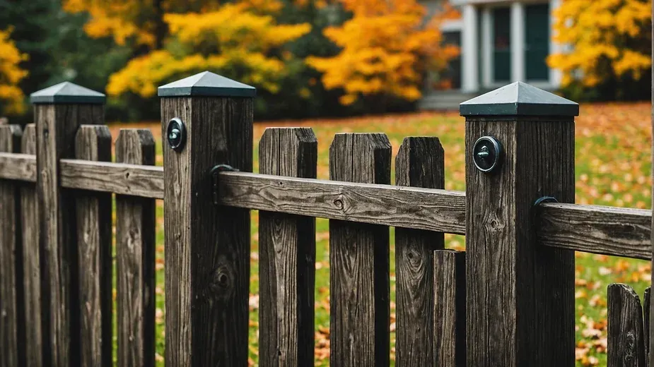 A wooden fence in front of a house with autumn leaves on the ground.