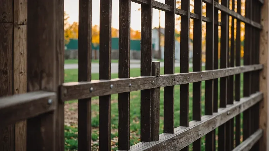 A close up of a stained wooden fence with a blurred background.