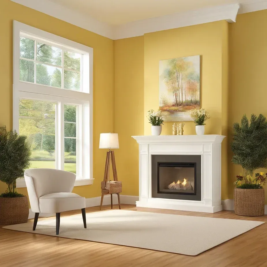 A living room with yellow walls and a fireplace