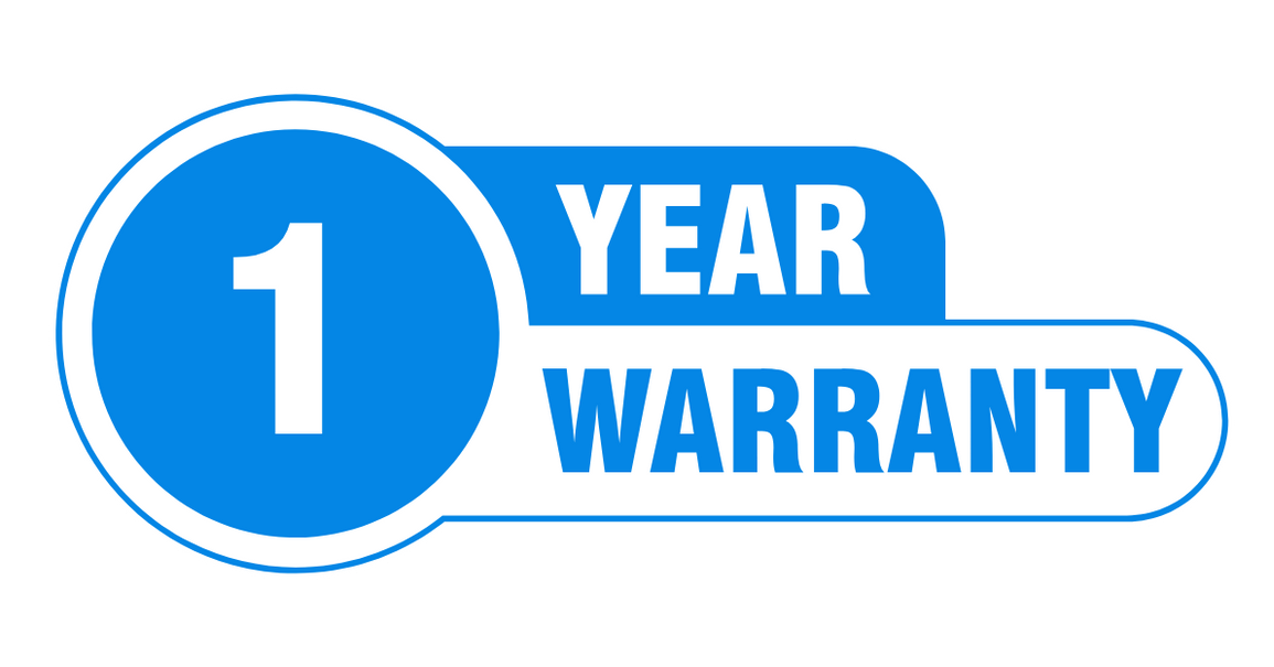 A blue and white sign that says 1 year warranty