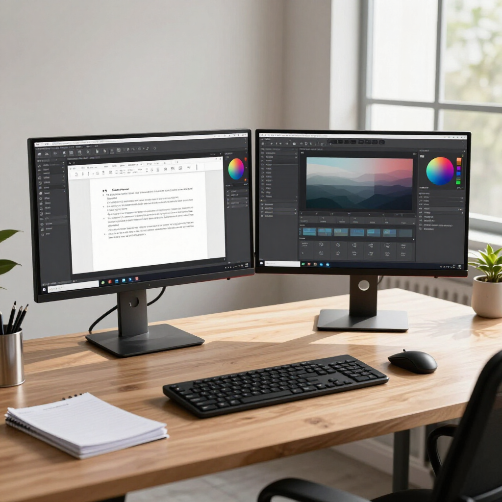 Dual-monitor workstation on a wooden desk with keyboard, mouse, and notebook in a bright office.