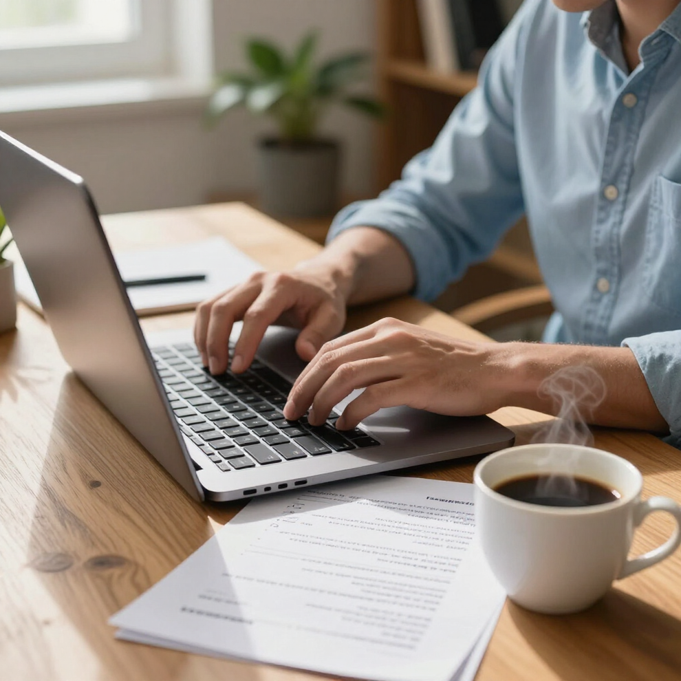Person typing on a laptop at a wooden desk with papers and a cup of coffee nearby