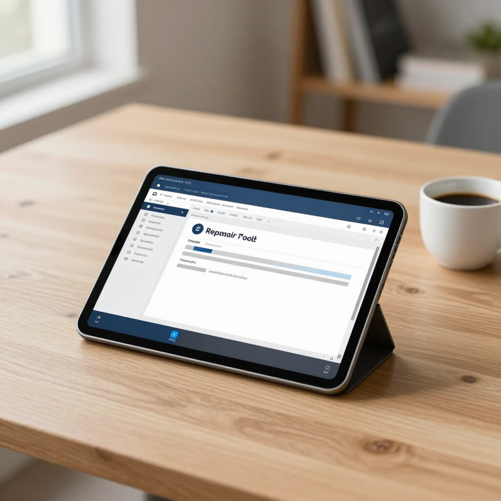 Tablet on a wooden desk showing a web page beside a white coffee mug