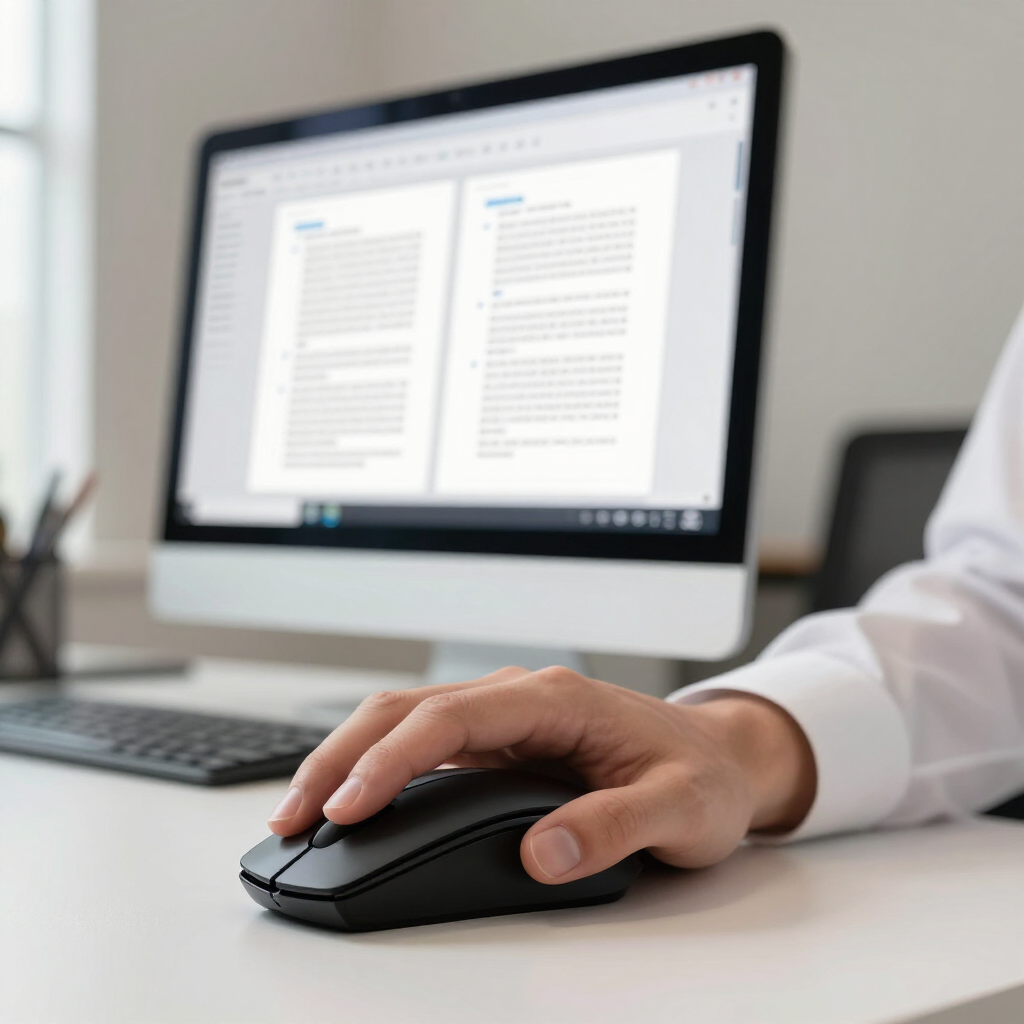 Hand using a black mouse beside a desktop monitor showing a document on a bright desk