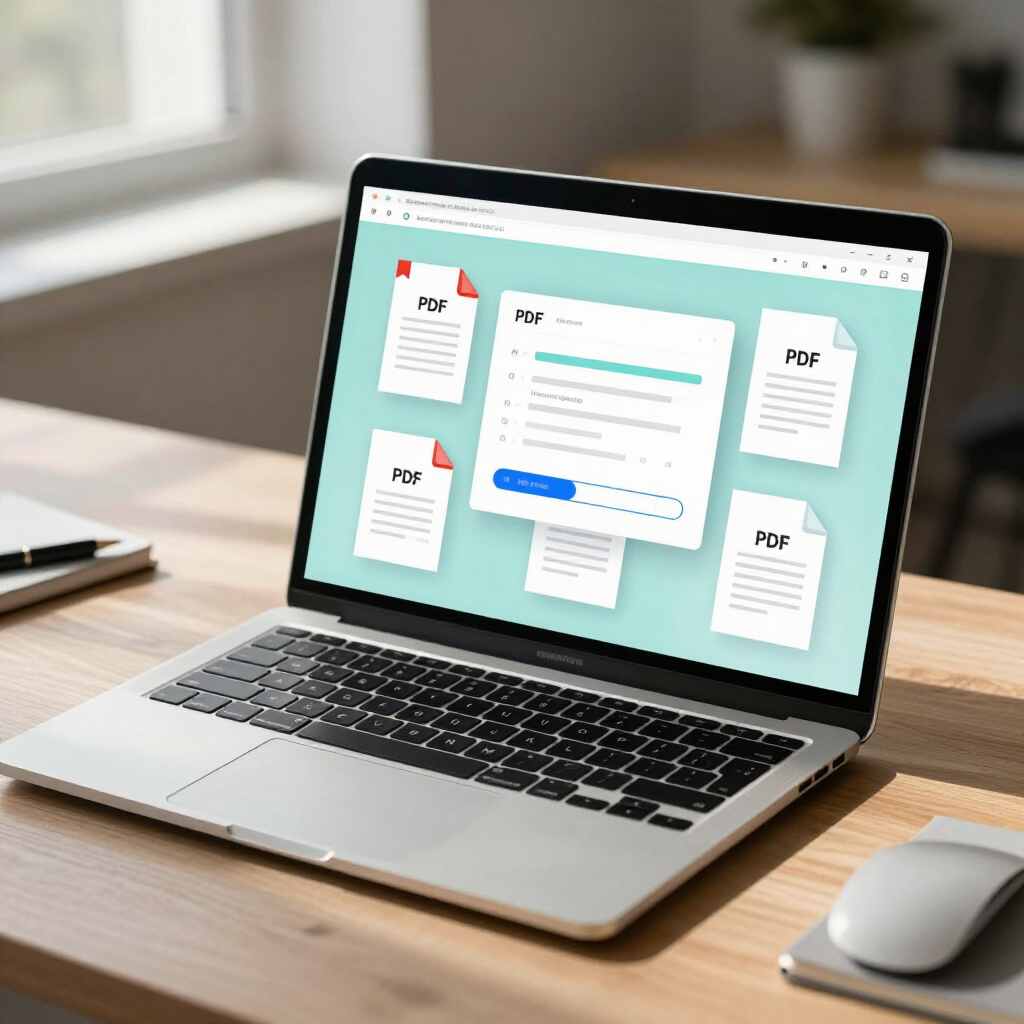 Laptop displaying a document upload interface on a desk beside a mouse and notebook