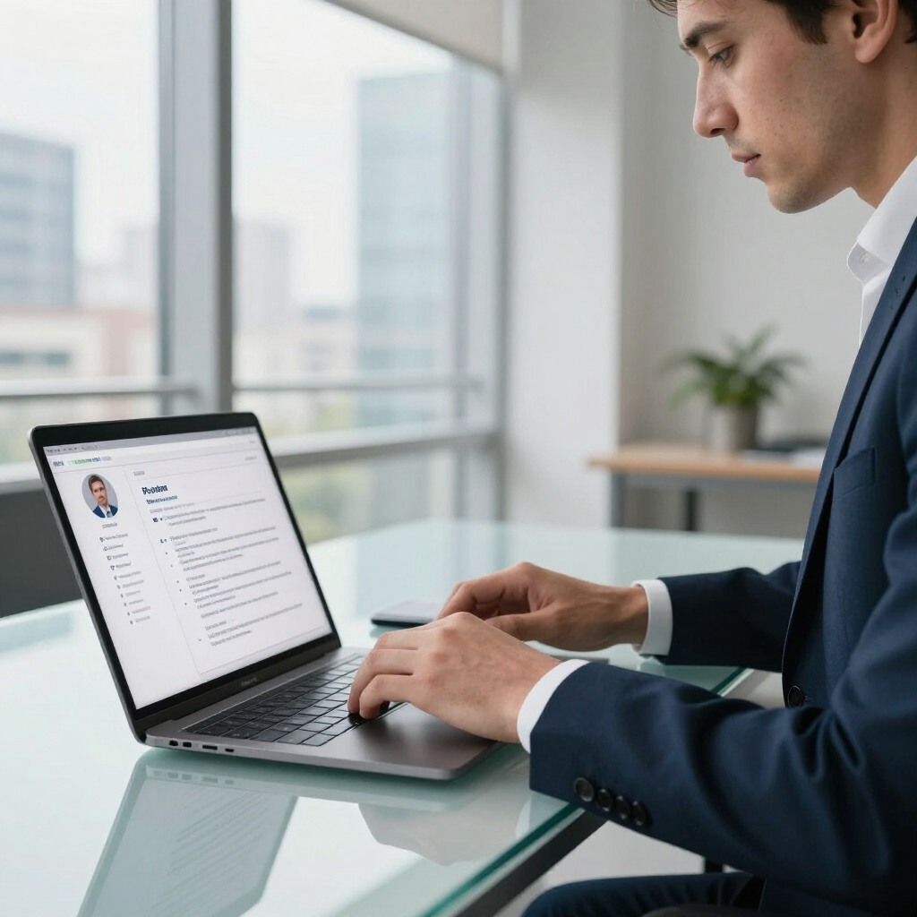 Professional executive resume being reviewed on a laptop for ATS compatibility and career brand engineering.