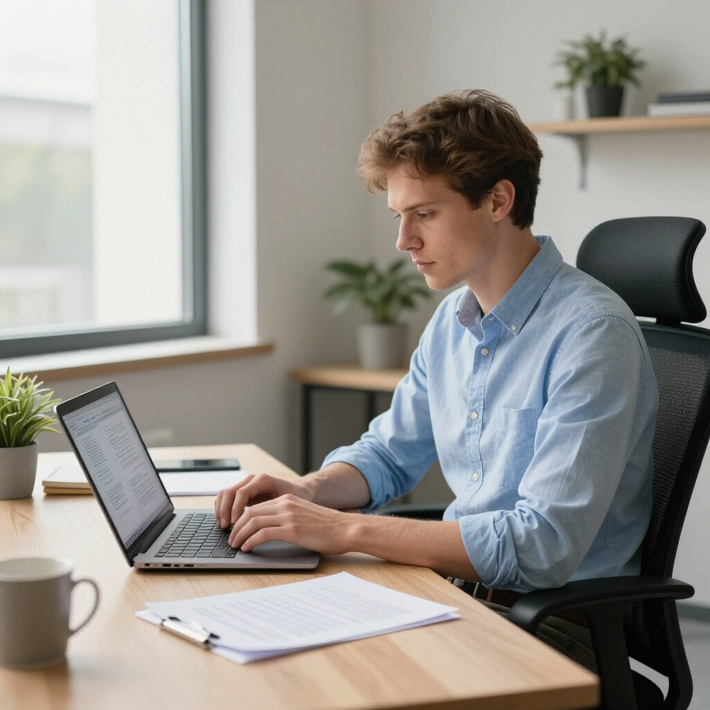 Person typing on a laptop at a desk in a bright office, with notebook, coffee mug, and plants nearby.