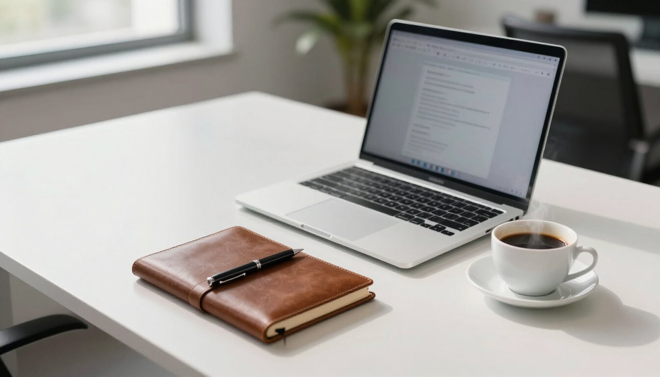 Laptop on a white desk with a brown notebook, pen, and a cup of coffee near a window.