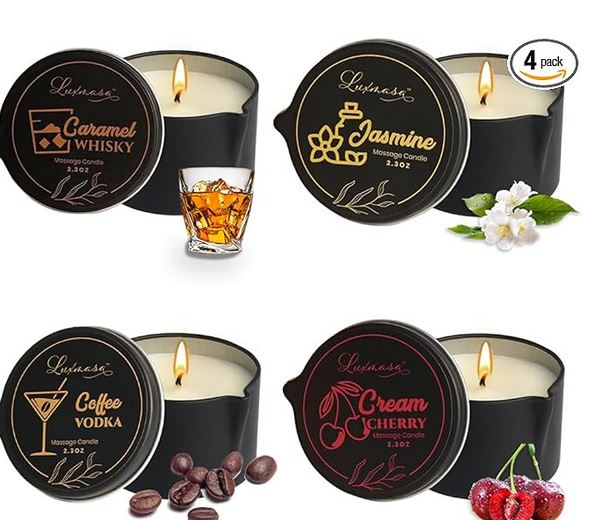 Aromatherapy Candle 4 Pack: Jasmine, Caramel Whisky, Coffee Vodka, Cream Cherry Scent