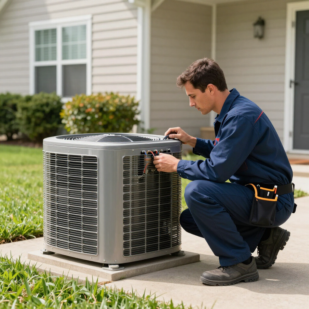 Technician inspecting an outdoor air conditioning unit beside a house