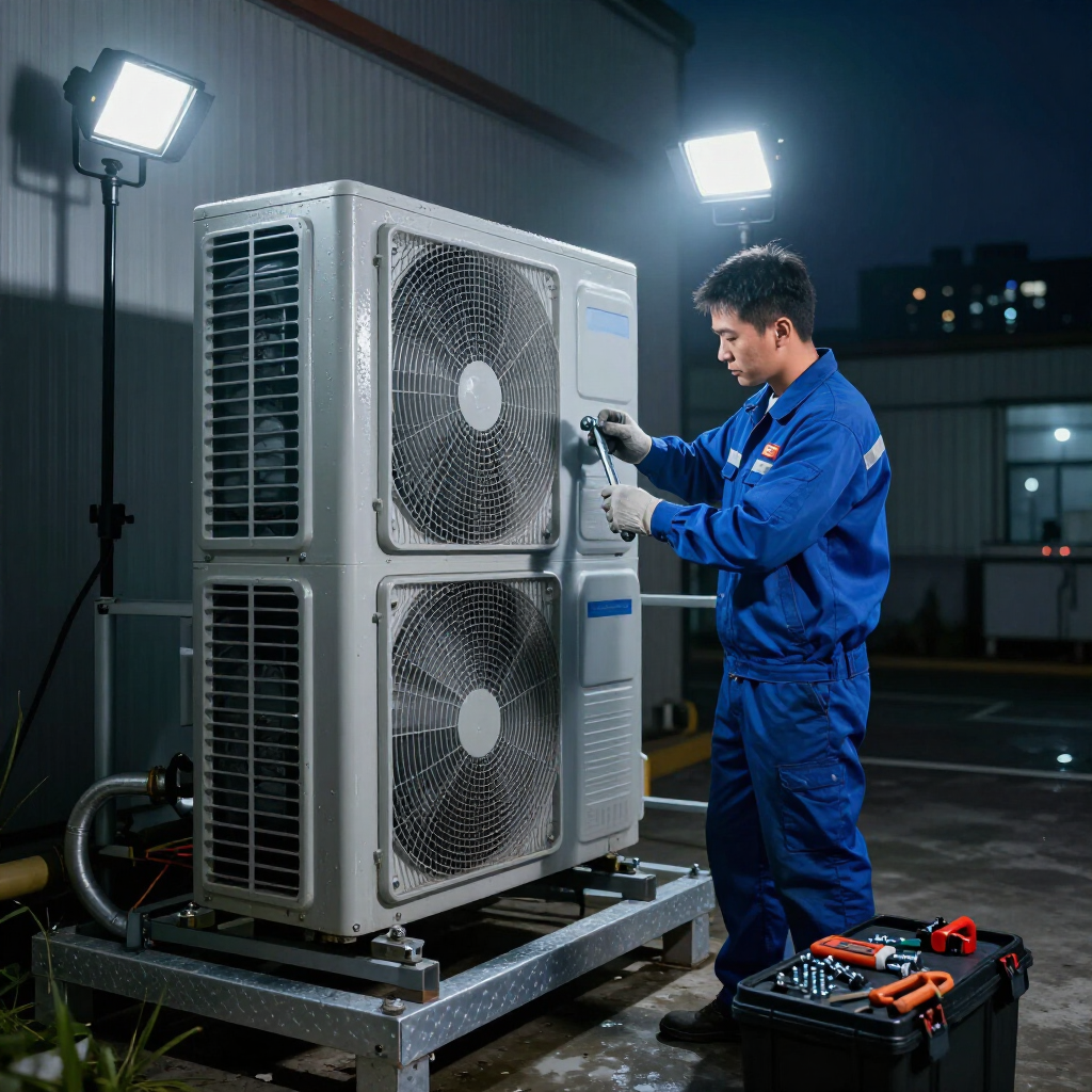 Technician inspecting outdoor HVAC unit at night under bright work lights