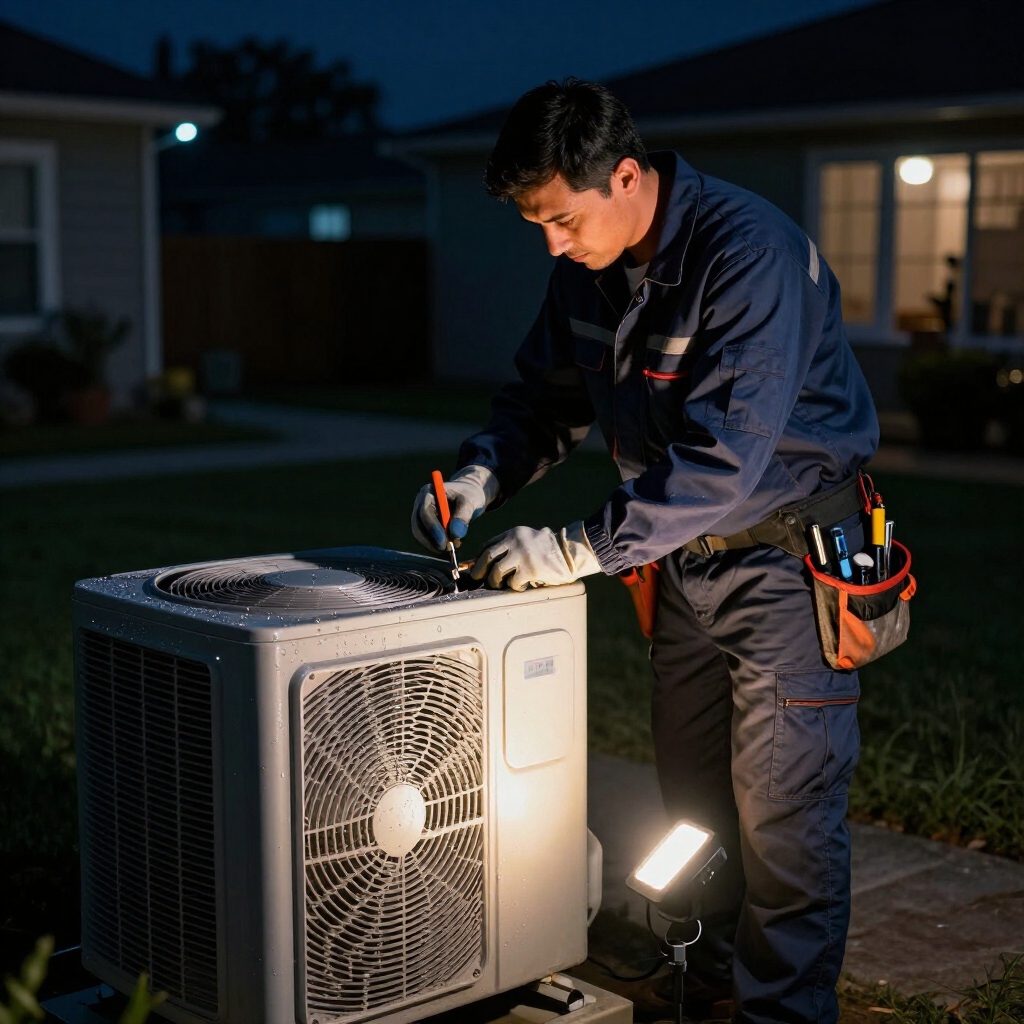 Technician servicing an outdoor HVAC unit at night with a work light