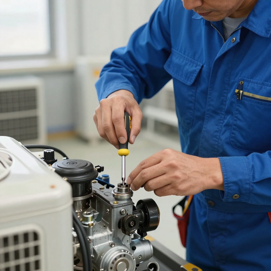 Technician in blue workwear adjusting machinery with a screwdriver in a workshop
