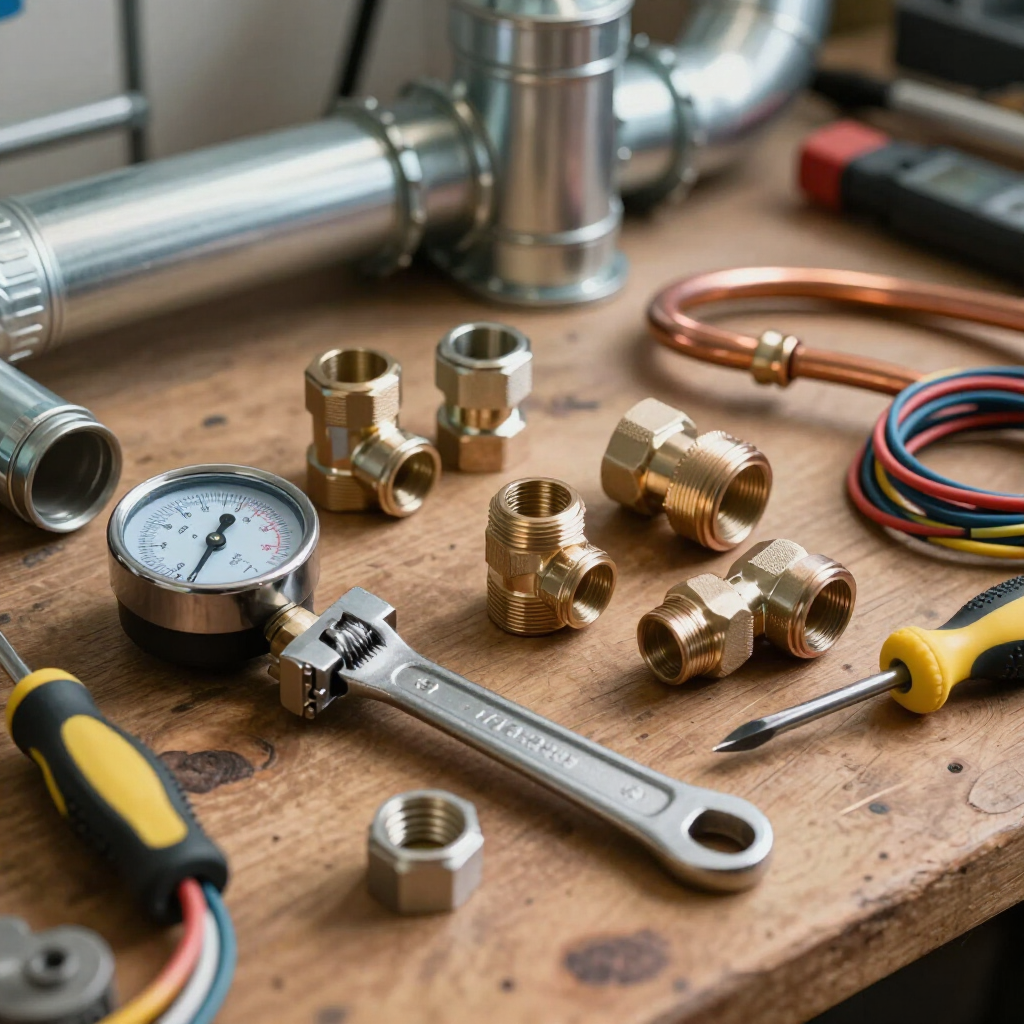 Plumbing tools and brass fittings on a wooden workbench, with wrench, gauge, pipes, and screwdrivers.