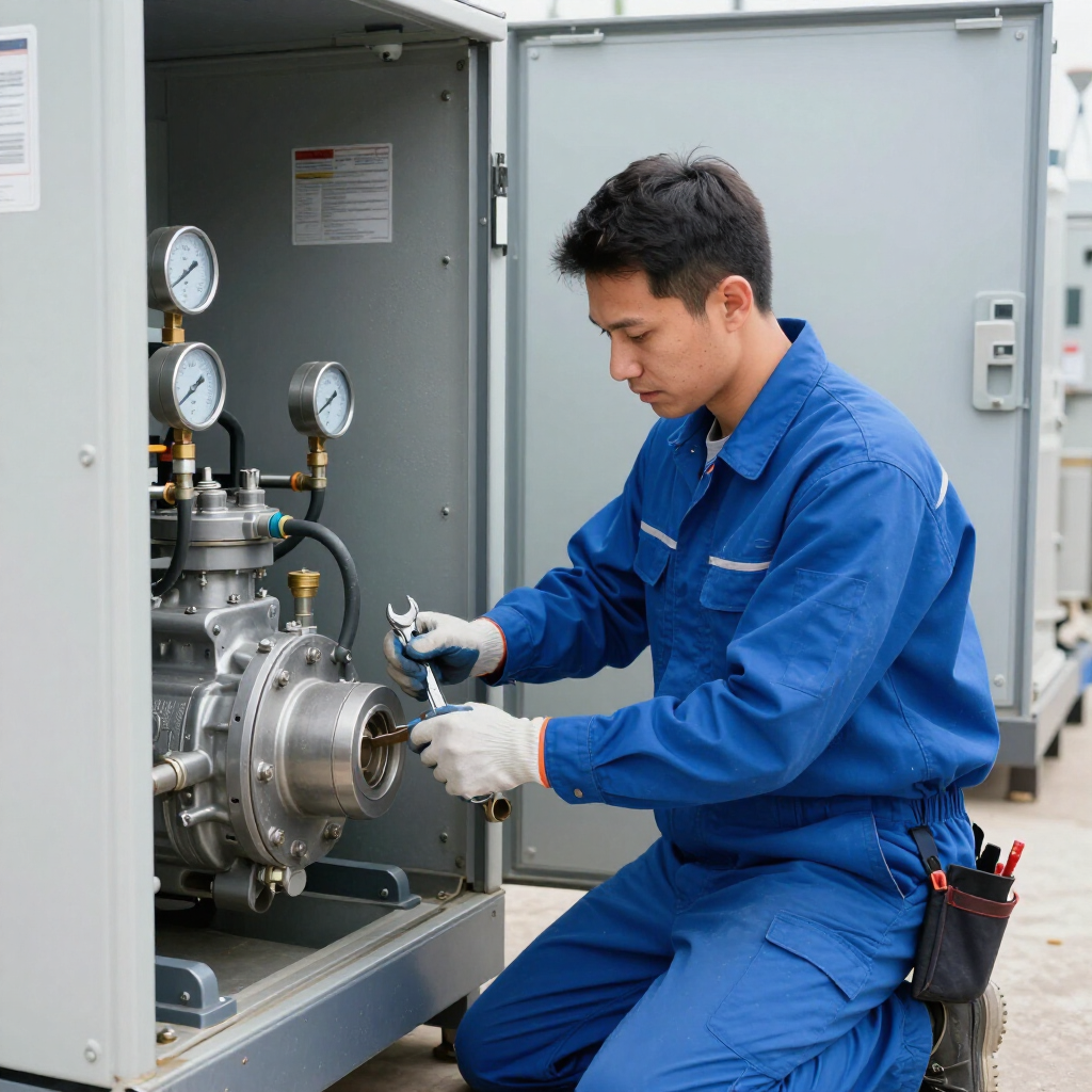 Technician in blue coveralls inspecting industrial machinery inside an electrical control cabinet