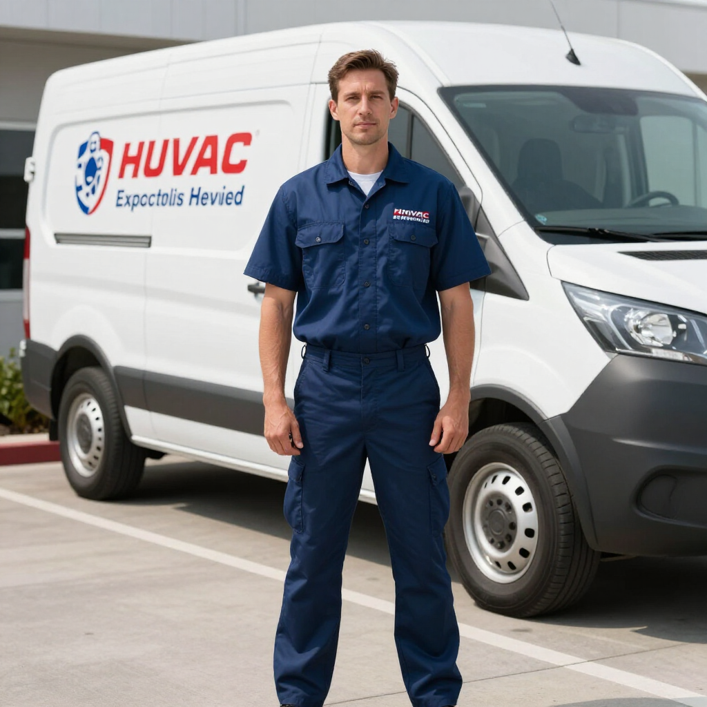 Hvac technician standing in front of a white service van with company logo.