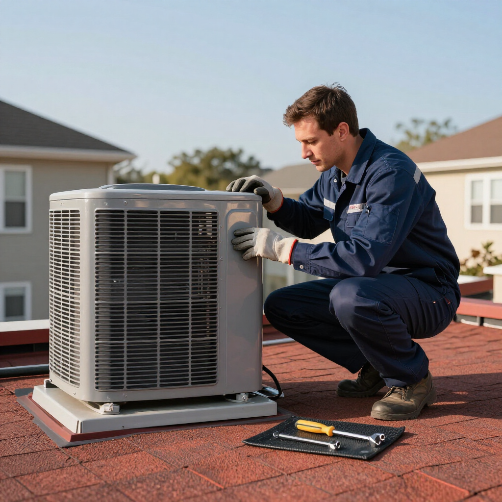 Technician kneeling beside rooftop HVAC unit, inspecting it with tools on the shingles.