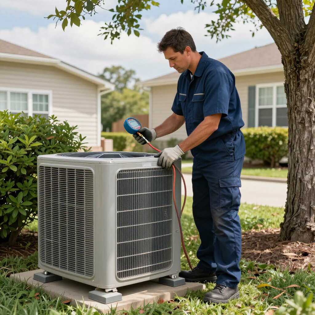 Technician inspecting an outdoor HVAC unit with a gauge in a suburban yard