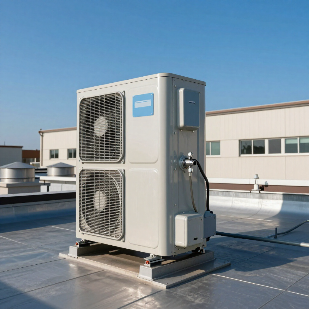 White rooftop HVAC unit with twin fans on a commercial building rooftop under a clear blue sky