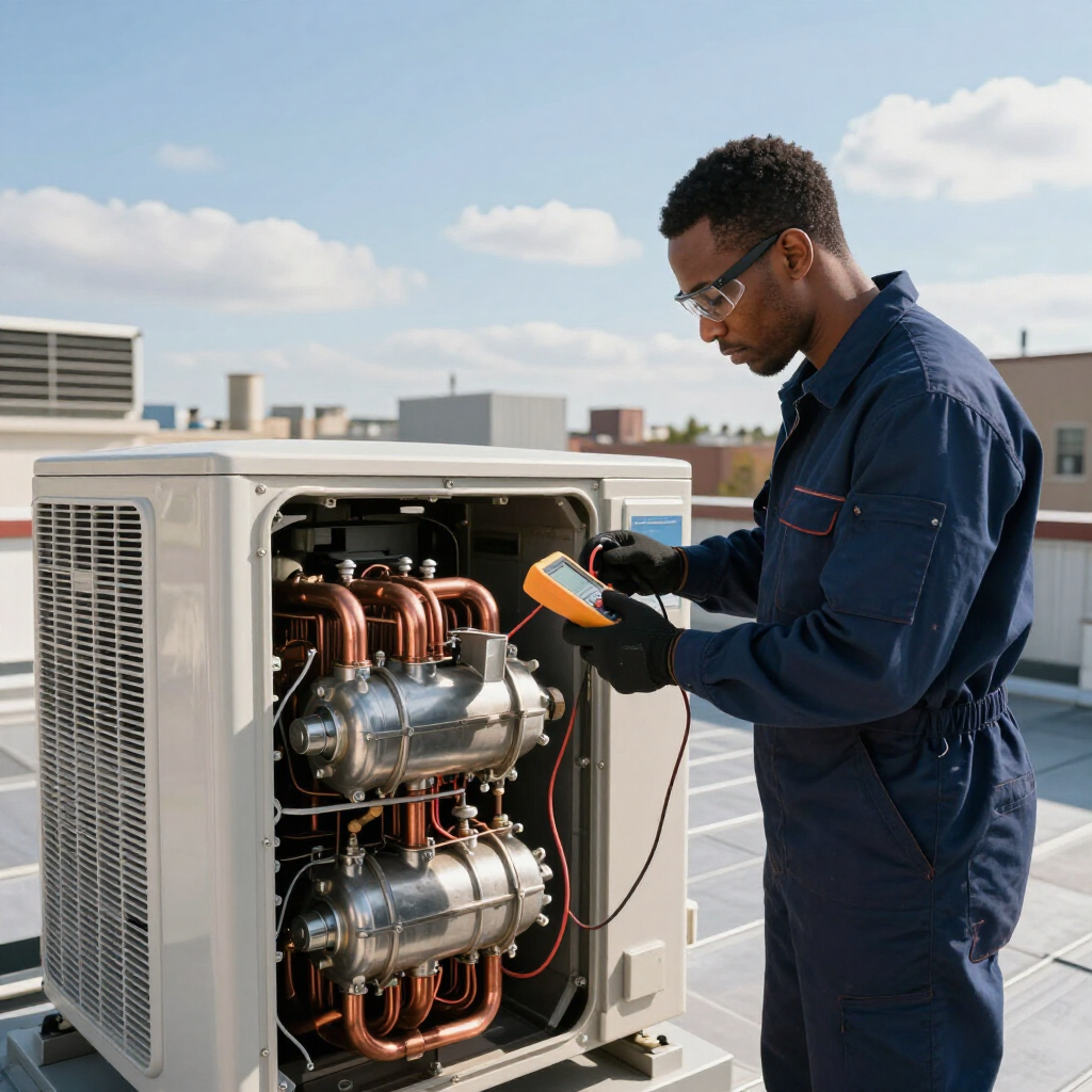 Technician inspecting rooftop HVAC unit with a multimeter and open panels