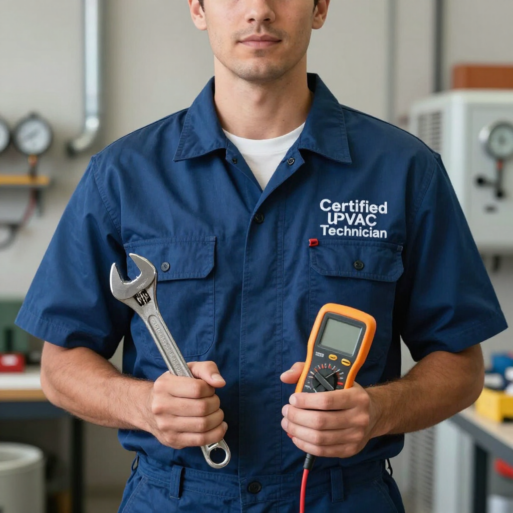 Certified HVAC technician in blue uniform holding a wrench and digital multimeter in a workshop.