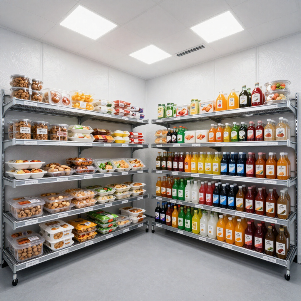 Supermarket aisle with stocked shelves of packaged food and colorful bottled drinks under bright ceiling lights