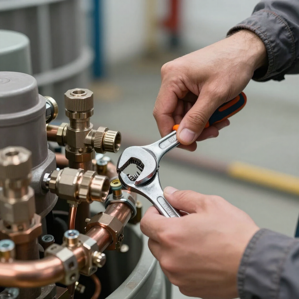 Hands using a wrench to adjust brass pipes and fittings on industrial equipment.