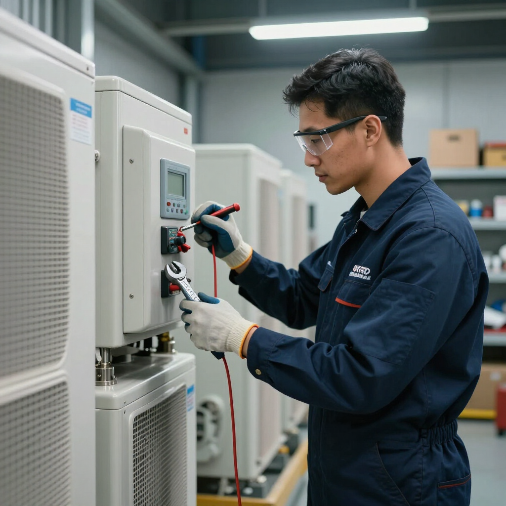 Technician in navy coveralls adjusting wiring on a control panel in an industrial lab