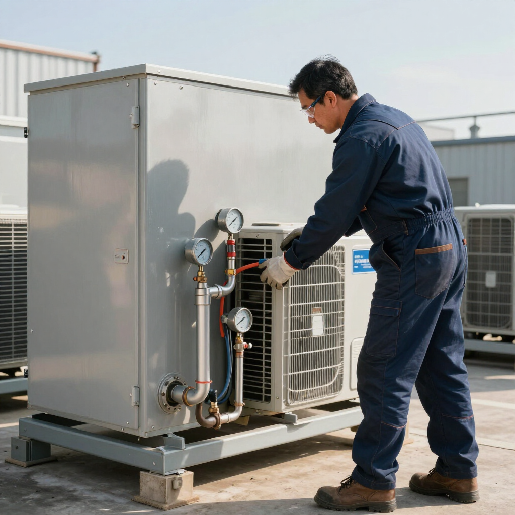 Technician inspecting rooftop HVAC unit with gauges and pipes outdoors