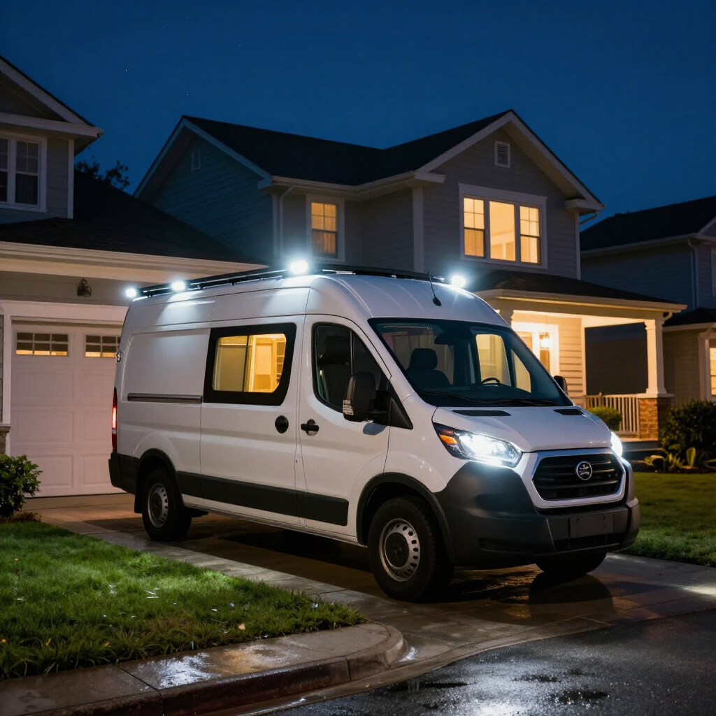White delivery van parked in a suburban driveway at night, lit by house and van lights