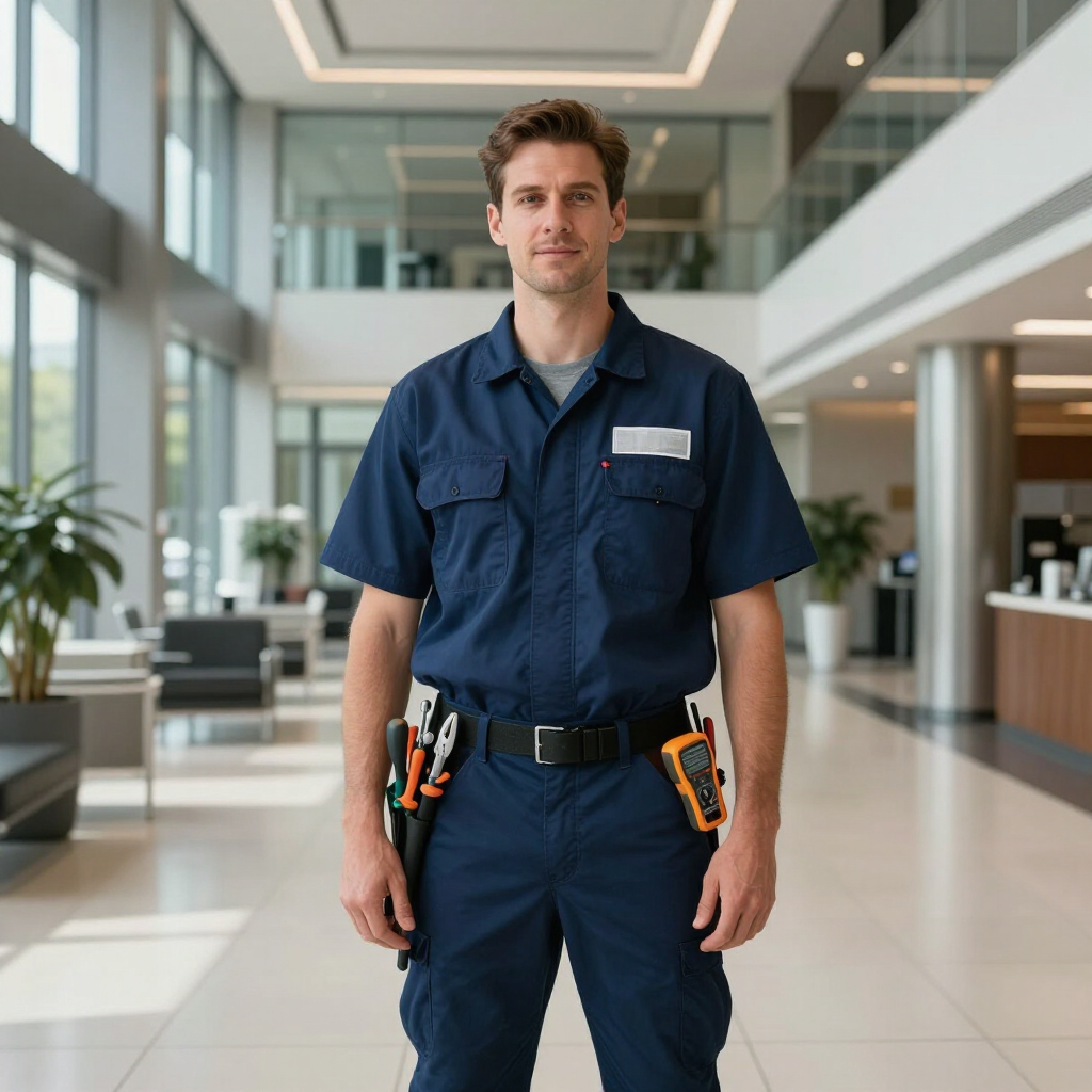Maintenance worker standing in a modern lobby, wearing a navy uniform with tools on his belt.