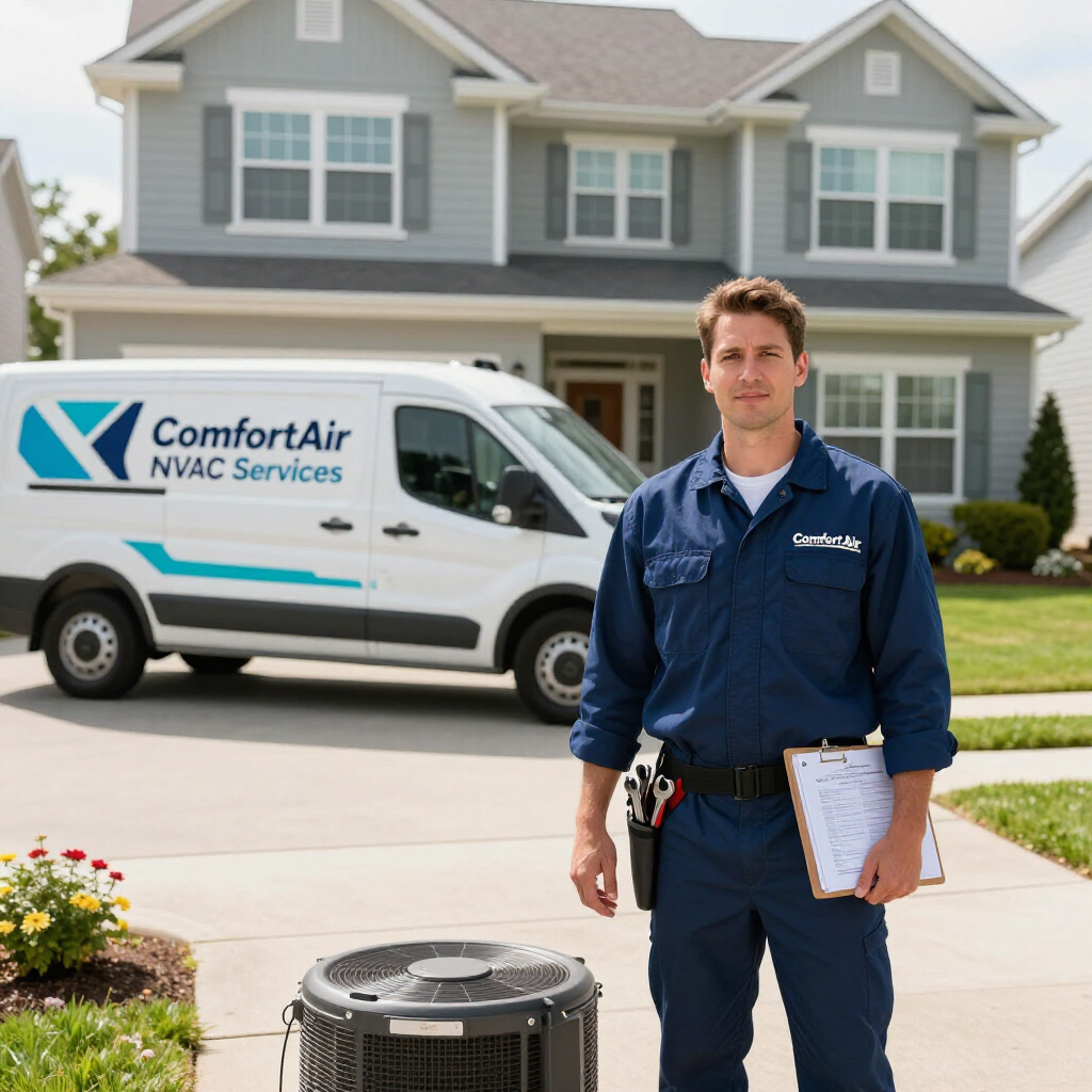 HVAC technician standing by a service van and outdoor unit in front of a suburban house