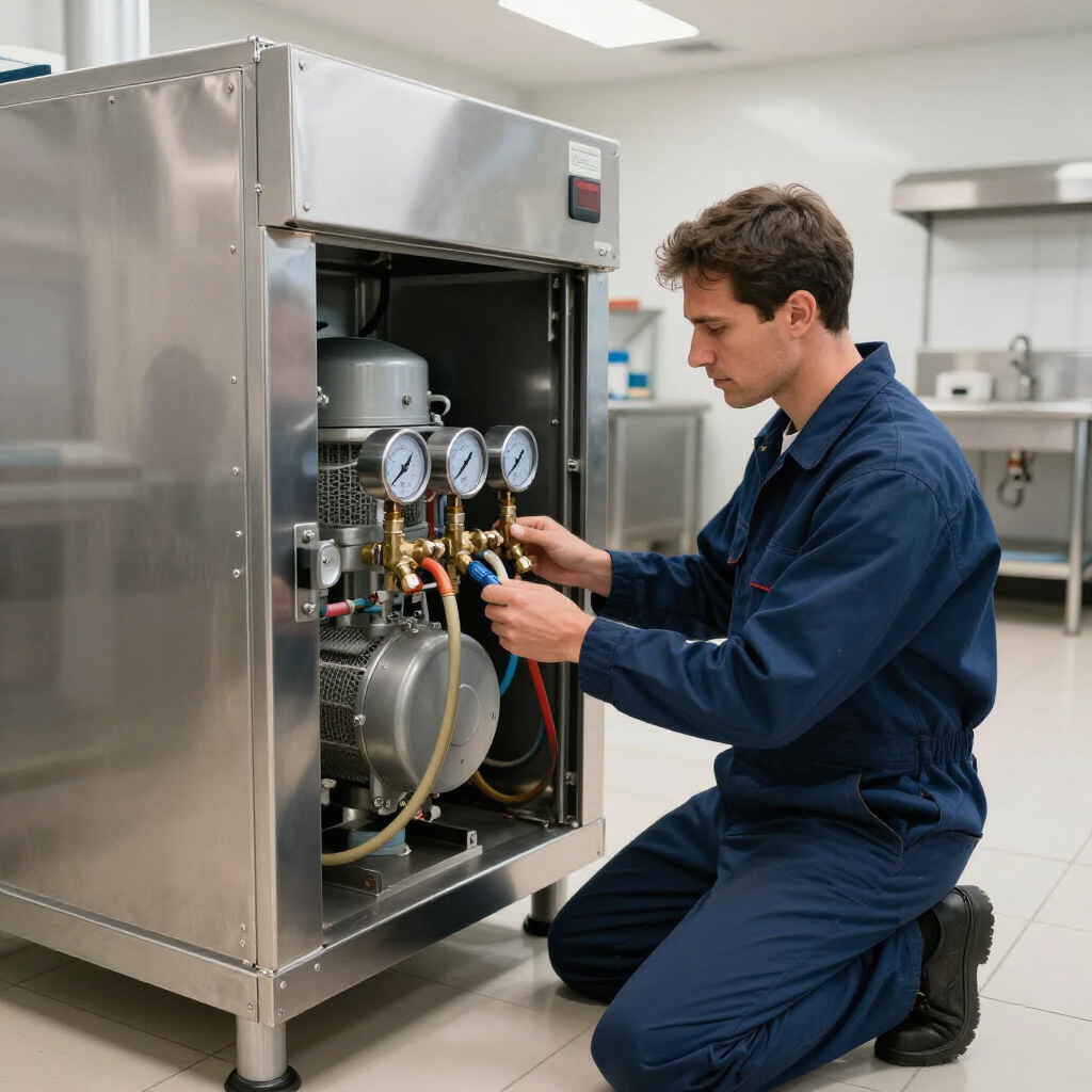 Technician kneeling beside open stainless steel machinery, inspecting gauges and colored hoses in a lab.