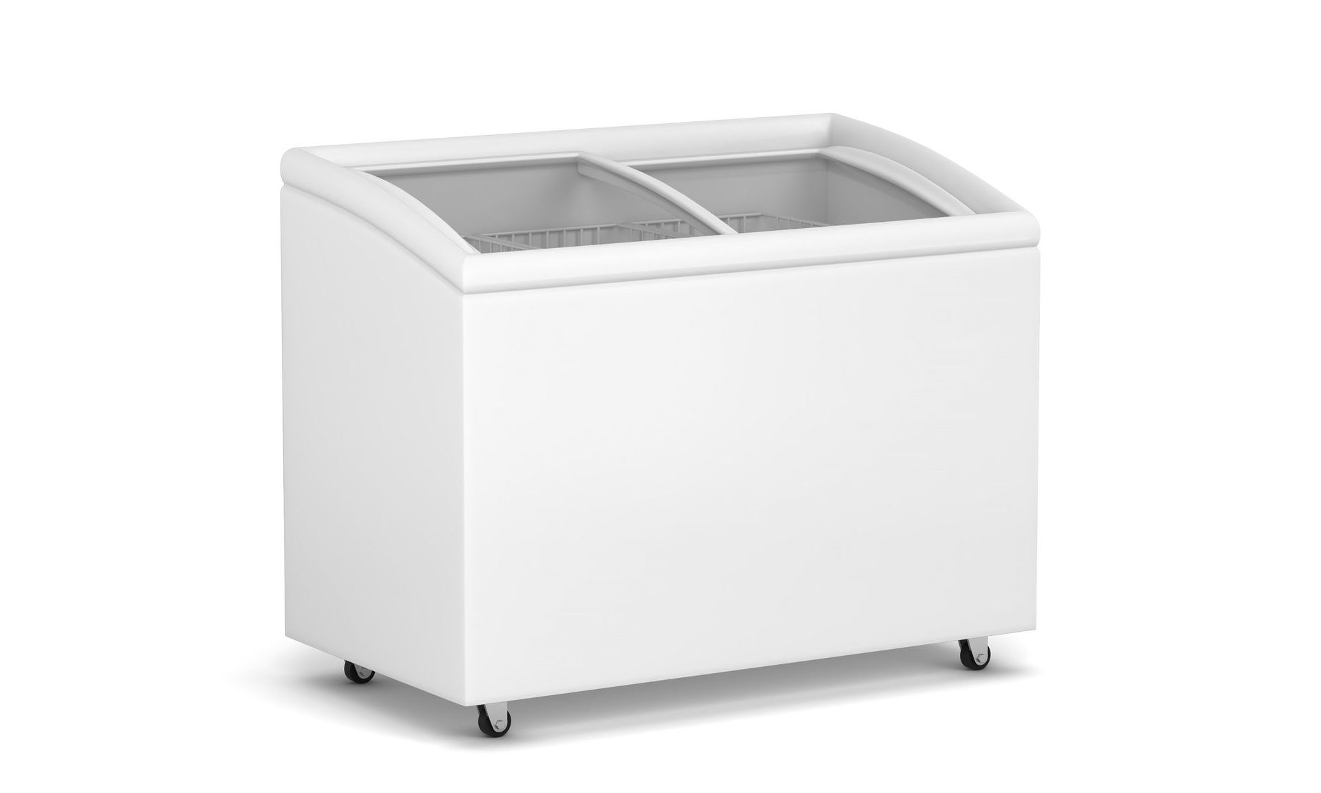 A white freezer with wheels and a glass door on a white background.