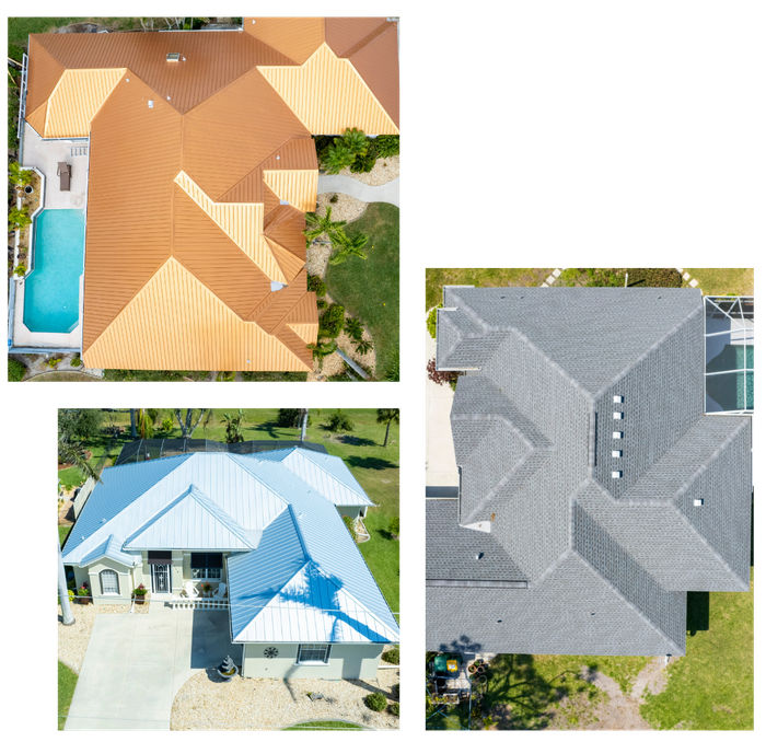 Overhead view of four houses with different colored roofing.