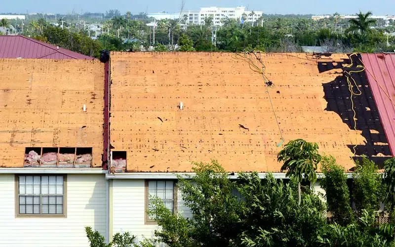 Damaged roof on a building; wood exposed where shingles are missing. Brown, red, and white building. Green trees in foreground.