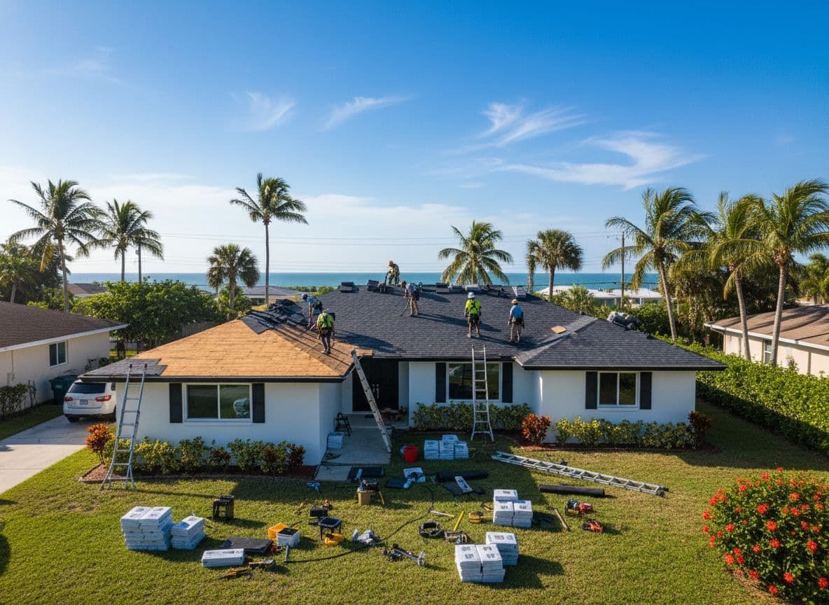 House with a red tiled roof, surrounded by lush green foliage, and a walkway leading to the front door.